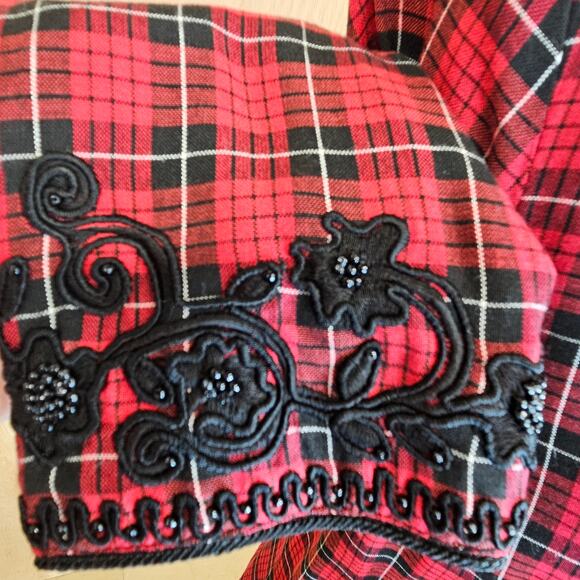 Vintage Sarah‎ Elizabeth Red/Black/White Plaid Floral Embroidered Jacket Size 8 - Picture 5 of 8